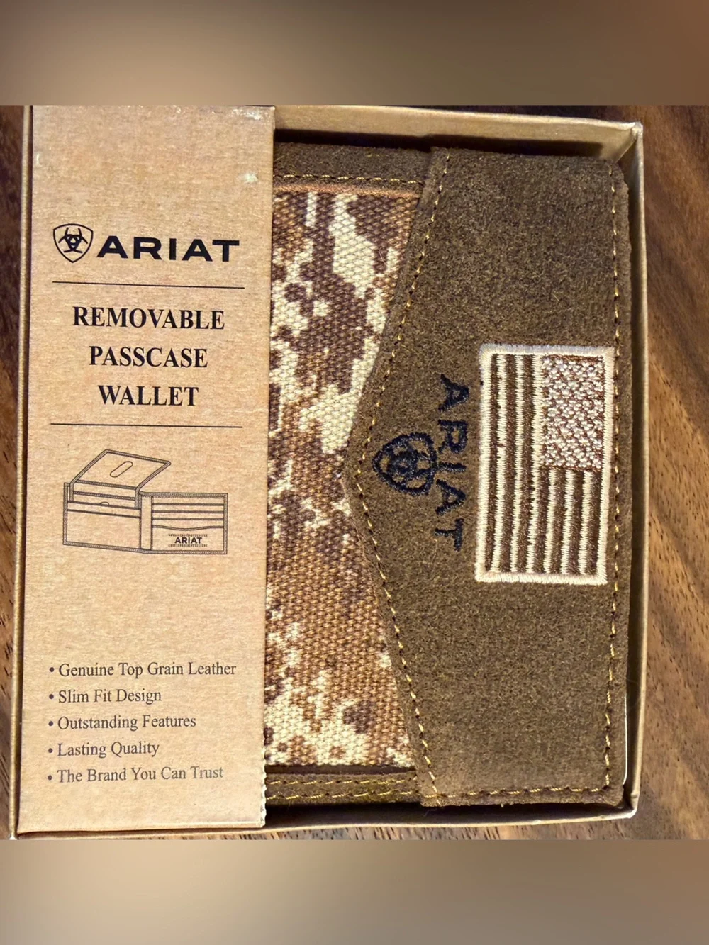 Ariat Brown and Tan Camouflage Suede Passcase Wallet with Flag Patch